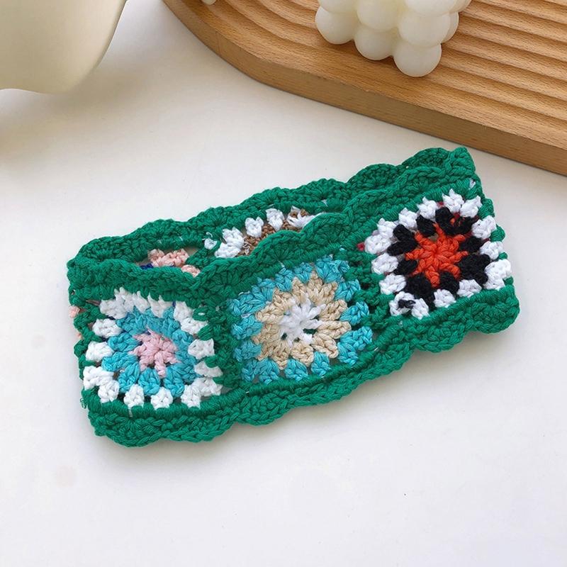 Crochet Colorful Bandana Knitted Hair Kerchief Tie Back for Head Wrap Color Matching Pastoral Turban for Girls Photo Pro