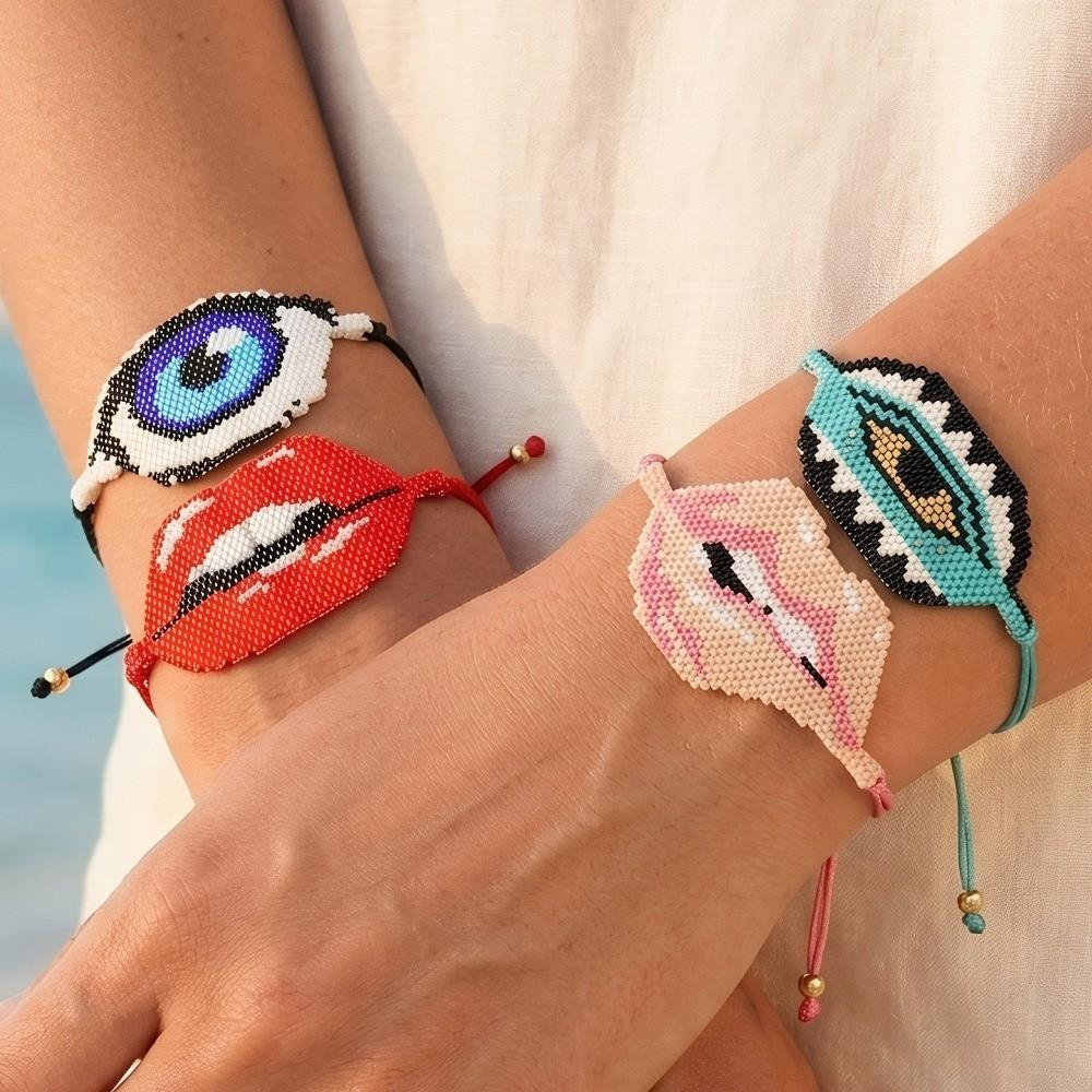 Sweet Adjustable Beaded Bracelet Vintage Fashion Demon Eyes Hand Chain Aesthetic Exquisite Lip Biting Bangle Couple