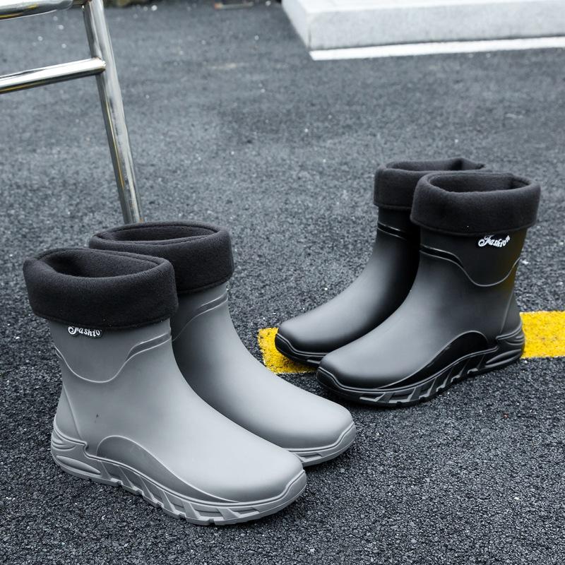 New Rain Shoes Men's Non-slip Men's Medium Tube Velvet Rubber Shoes Kitchen Wear-resistant Fishing Waterproof Rain Boots Fashion Water Shoes