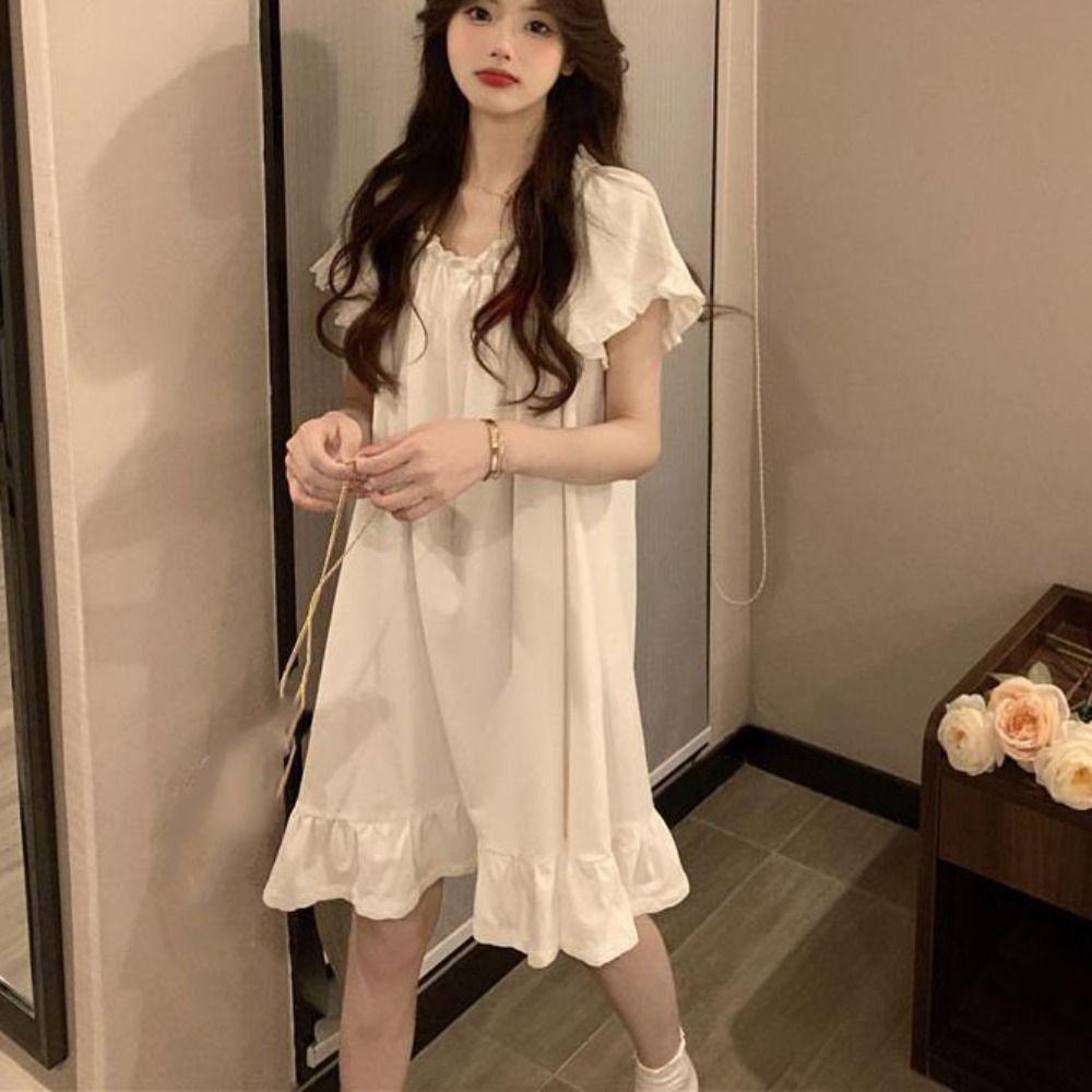 Loose Ruffle Nightdress Short Sleeve Princess Nightgown Sweet Women's Pajama Dress  Girls
