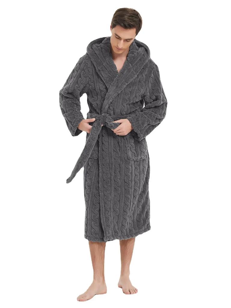 Fall Winter Men's Warm Robe Pajamas Couple Robe Shu Cotton Velvet Jacquard Hooded Thickened Couple Robe Homewear