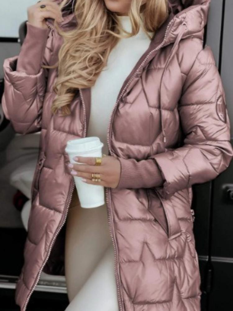 Women's Long Puffer Coat with Hood, Diamond Quilted Design, Metallic Finish, Multi-Color
