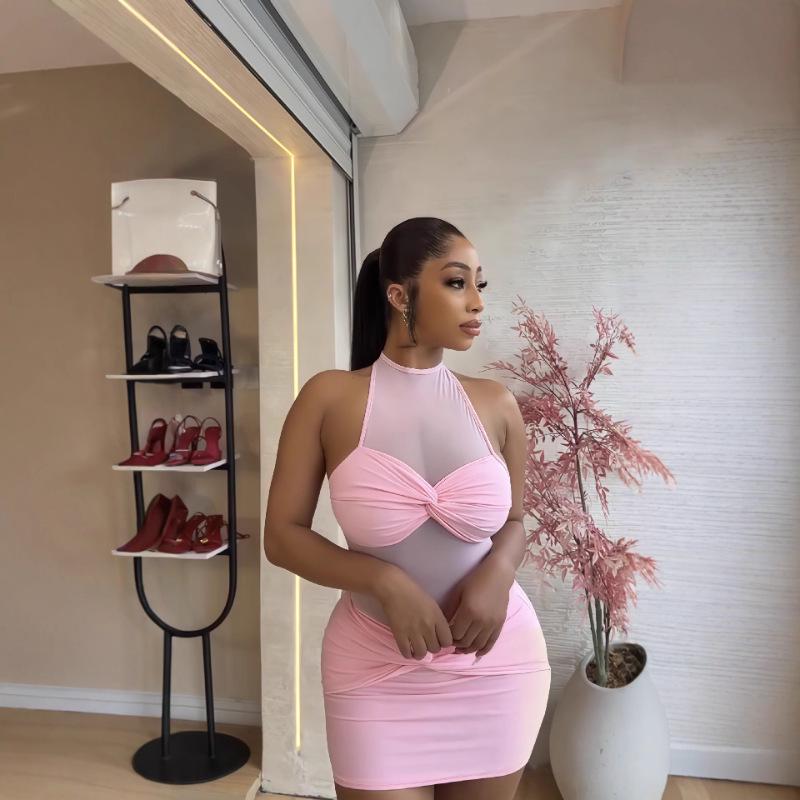 2025 Summer Women's Mesh Patchwork Halter Sleeveless Lace Bodycon Dress