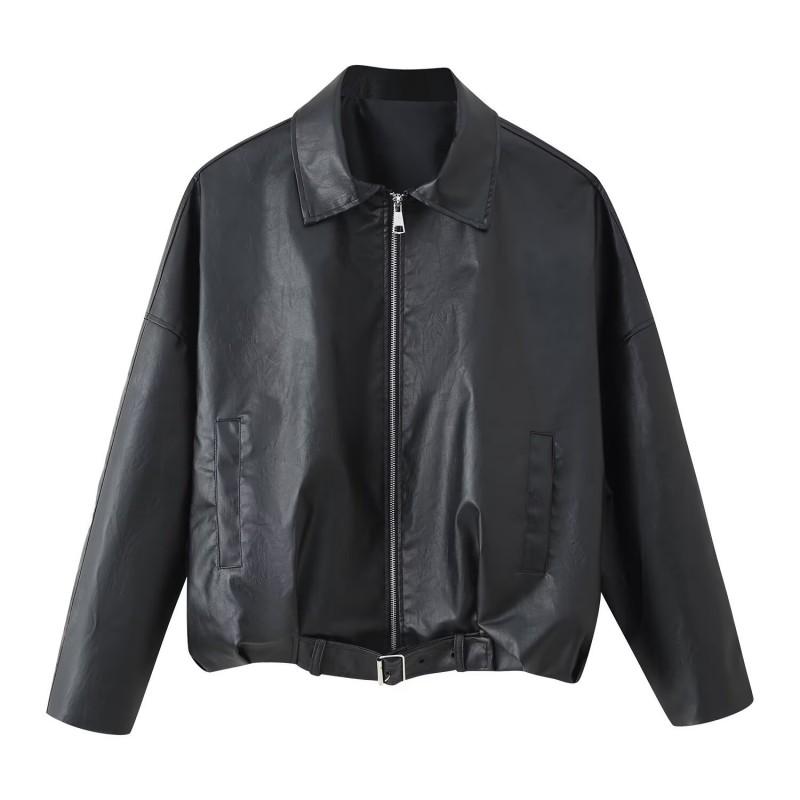 Womens Two-Tone American Vintage Leather Jacket Belted Long Sleeve Coat