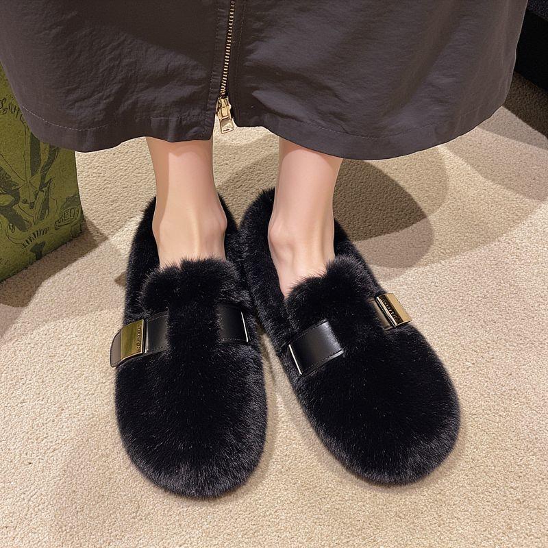 New Women's Fashion Hundred Mary Jenny Fluffy Slippers Wool Lined Warm Soft Bottom Outdoor Winter Cotton Shoes