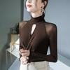 High-neck Base Blouse for Women In Autumn Updated Womens Suede Hollow Mesh Design Long-sleeved T-shirt