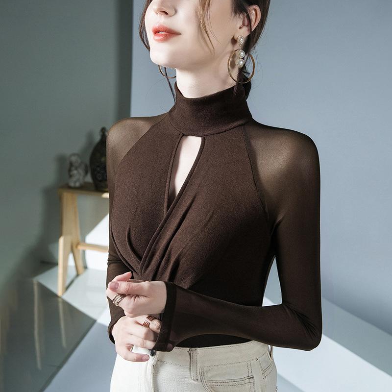 

Базовая рубашка с высоким воротом для женщин. Осенью новая женская замшевая футболка с длинными рукавами и сетчатым узором S коричневый