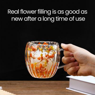 Dubbelwandige glazen mok met gedroogde bloemen 250/350ml Hittebestendige handgreep Koffiekop voor warme dranken Uniek artistiek glaswerk