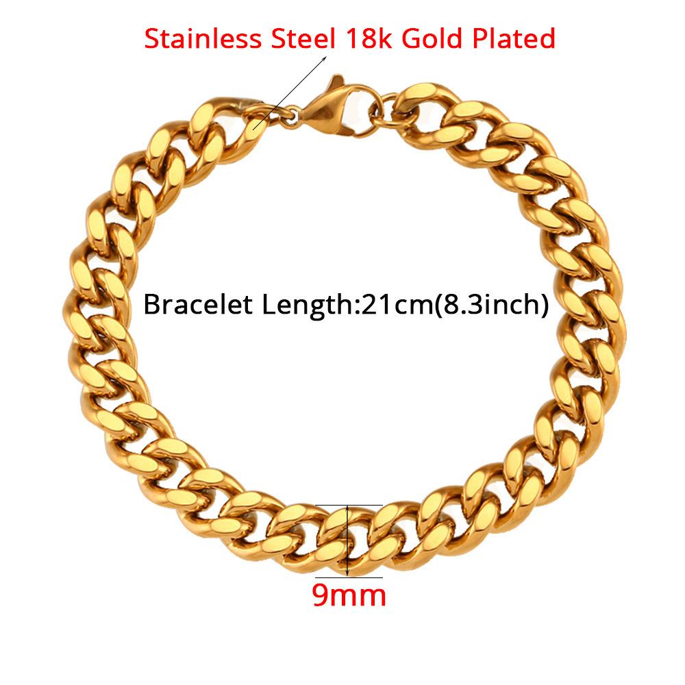 Punk Curb Cuban Link Chain Bracelet 21cm Gold Silver Color Stainless Steel 9mm Hand Chains For Women Men Jewelry Gift