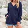 Women's Solid Color Sweater Hooded V-neck Strip Loose Pocket Pullover Top