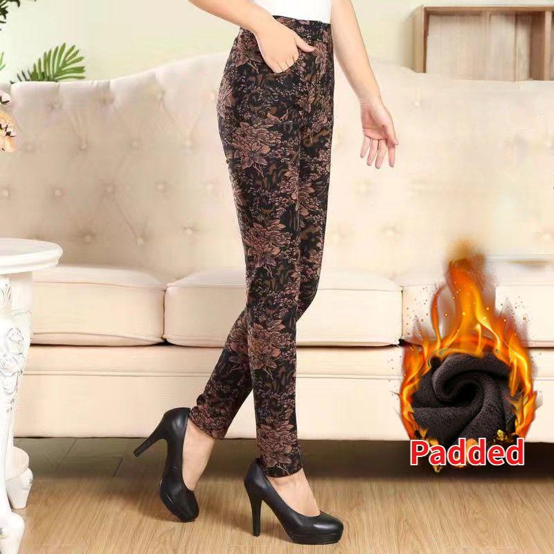 Middle-aged and Elderly Mom Pants Winter Padded Elastic Waist Female Bottoming Large Size High Waist Warm Long Pants