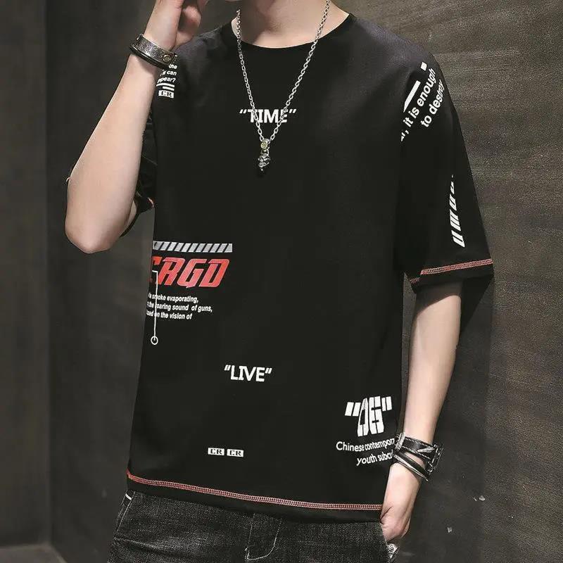 

Футболка для мужчин с круглым вырезом и коротким рукавом, тонкая рубашка, корейские модные футболки с принтом алфавита, мягкий повседневный свободный пуловер для молодежи M чёрный