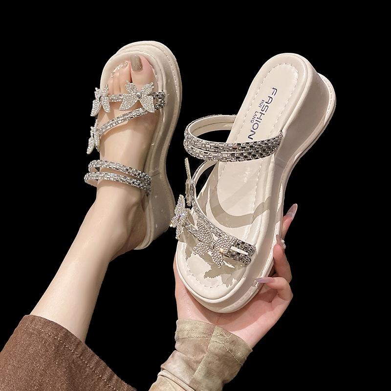 2025 Summer New High-end Slippers Wear Rhinestones Fashion Fairy Style with Skirt Muffin Thick-bottomed Sandals