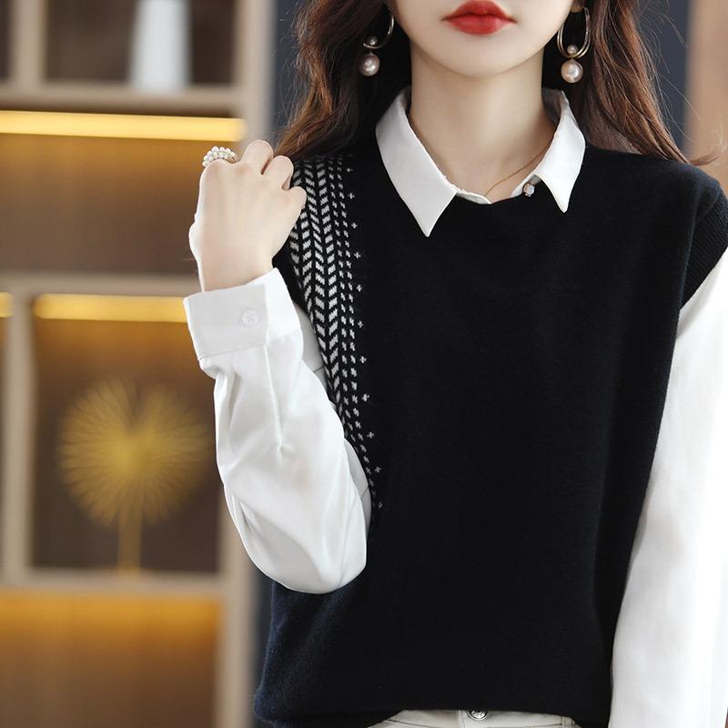 

Весенне-осенний жилет, свитер без рукавов с круглым вырезом и вставками, свободный вязаный жилет для верхней одежды average size чёрный