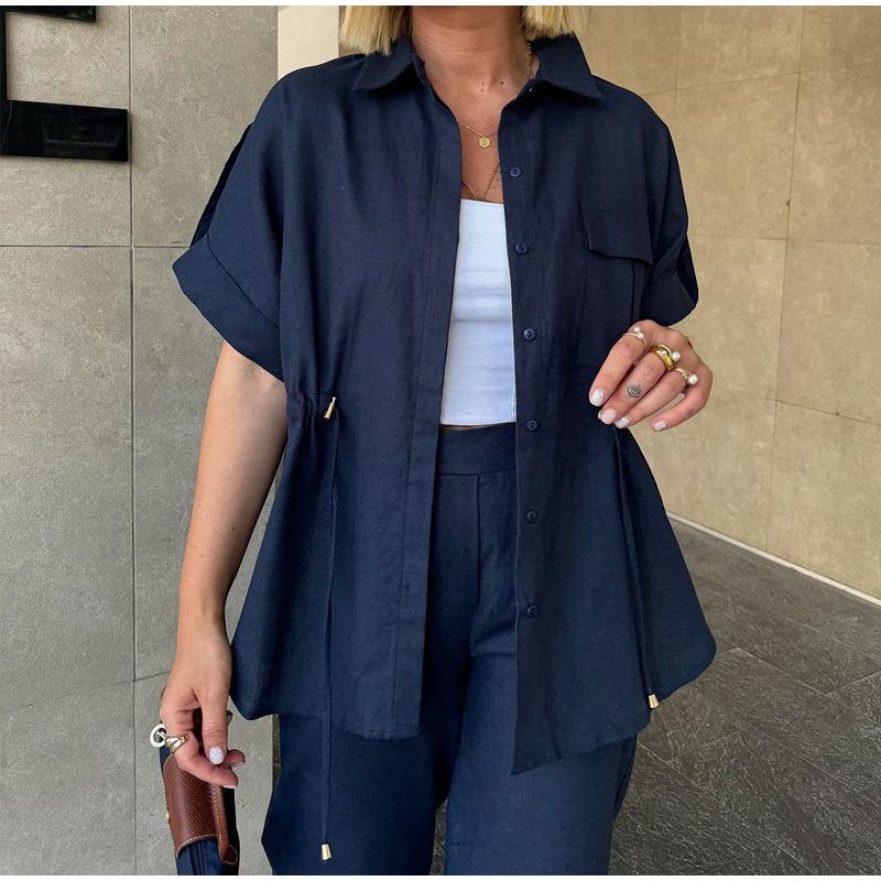 Set de damă cu șort cu șnur și mânecă scurtă, culoare uni, pantaloni lungi, cu trei culori la alegere, cu talie marcată, stil casual, vară, set nou pentru femei