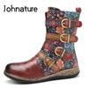 Johnature Retro Zlomený květ Kůže Prošívání Pásek Přezka Kozačky s kulatou špičkou Ploché dno Pohodlné Dámské Boty