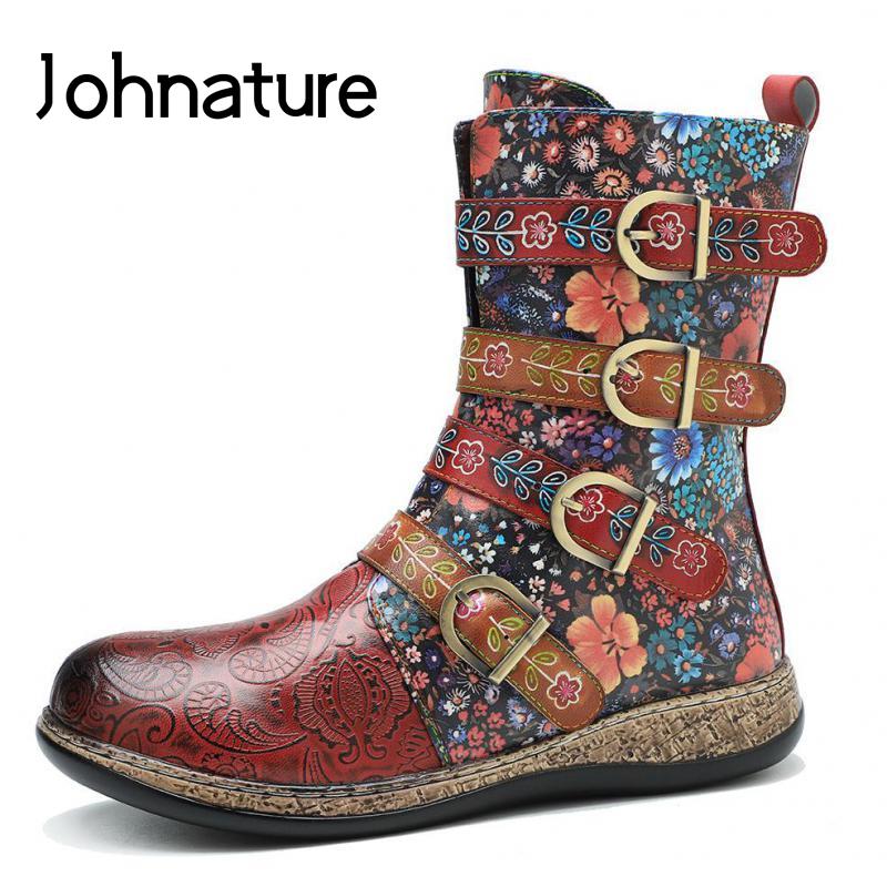 Johnature Retro Zlomený květ Kůže Prošívání Pásek Přezka Kozačky s kulatou špičkou Ploché dno Pohodlné Dámské Boty