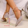 Fashion Silver Stiletto High Heel Party Wedding Shoes Women Fashion Ankle Beaded Buckle Pointed Toe Pumps Women Shallow Mouth Pumps