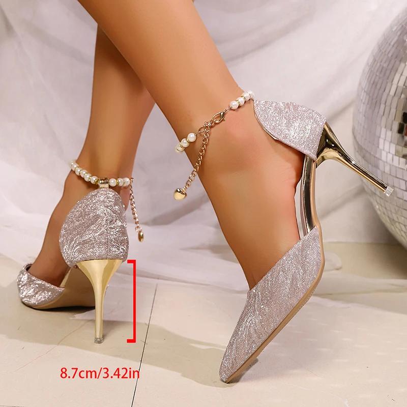 Fashion Silver Stiletto High Heel Party Wedding Shoes Women Fashion Ankle Beaded Buckle Pointed Toe Pumps Women Shallow Mouth Pumps