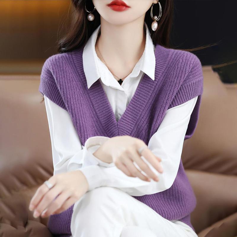 Dzianinowa kamizelka damska z dekoltem w szpic, jednokolorowa, luźna bluza, wygodne, ciepłe, wszechstronne, dzianinowe bluzki bez rękawów