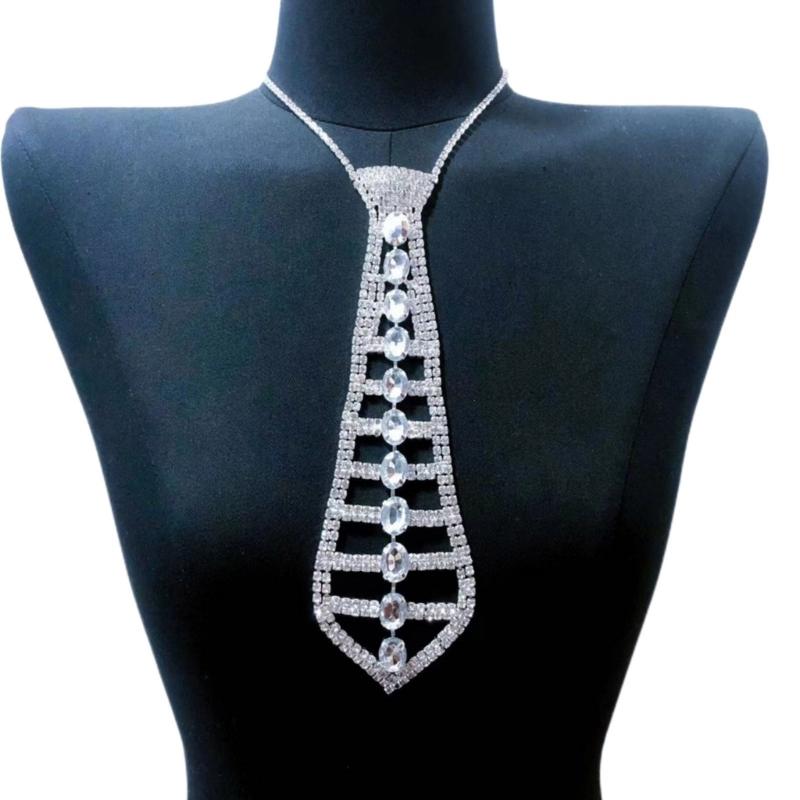 Elegant Tie Necklace with Sparkling Rhinestones for Formal Occasion Uniform Tie Punk Jeweled Chain Tie