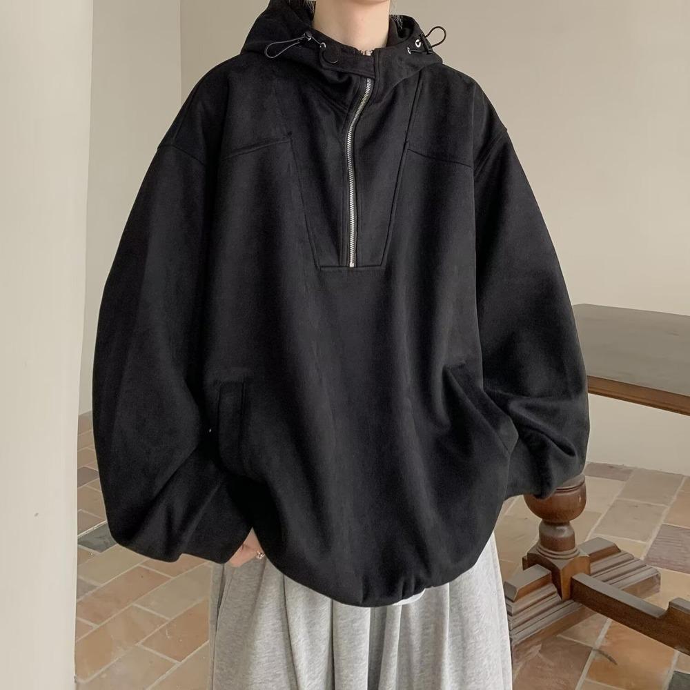 Half-zipper sweater men's autumn trendy brand design sense loose hooded casual jacket