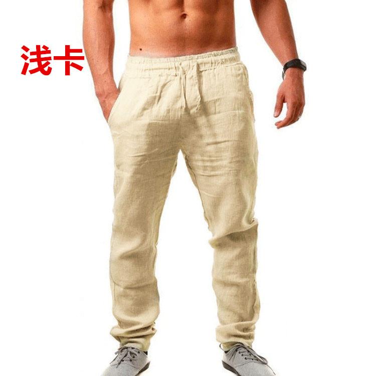 Spring Summer Men's Casual Linen Pants Beach Elastic Waist Drawstring Pants Lightweight Linen Trousers
