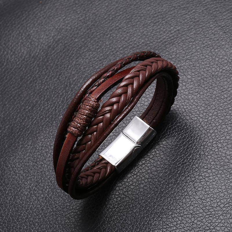 Men's Leather Bracelet Magnetic-Clasp Cowhide Braided Multi-Layer Wrap Bangle Stylish Accessory for Men