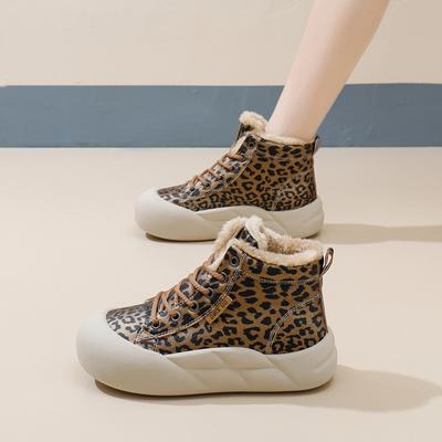 Fashion Women's Shoes 2024 New Cross Lacing Women's Vulcanize Shoes Fashion Leopard Print Hot Sale Round Head High Top Flat Shoeszapatos