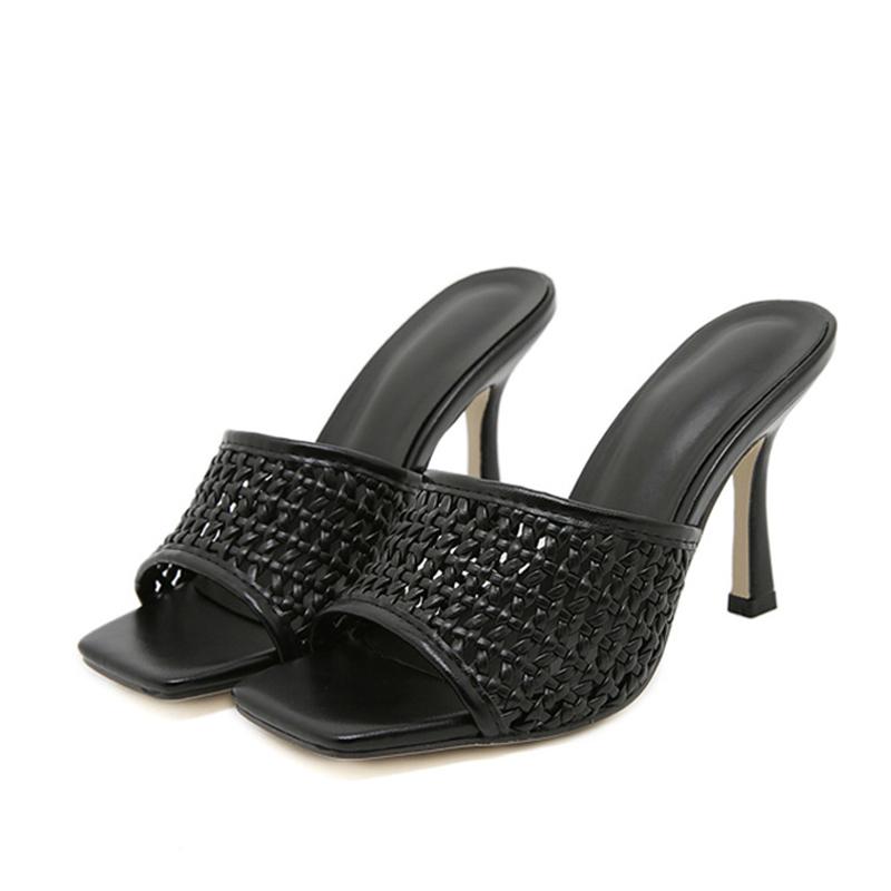 Fashion Liyke Brand Fashion Handmade Weave Mesh Women's 9CM Thin Heels Slippers Sandals Summer Square Open Toe Party Prom Shoes Pumps
