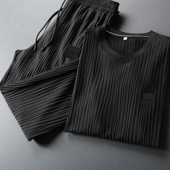 Summer Men Pleated Shirt Pants Two-pieces Set Thin Soft Breathable Tracksuit Casual Sports