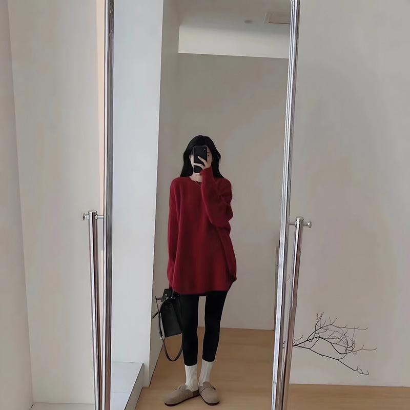 Autumn/Winter Women's Mid-Length French Style Red Sweater - Soft Waxy Knit, Round Neck