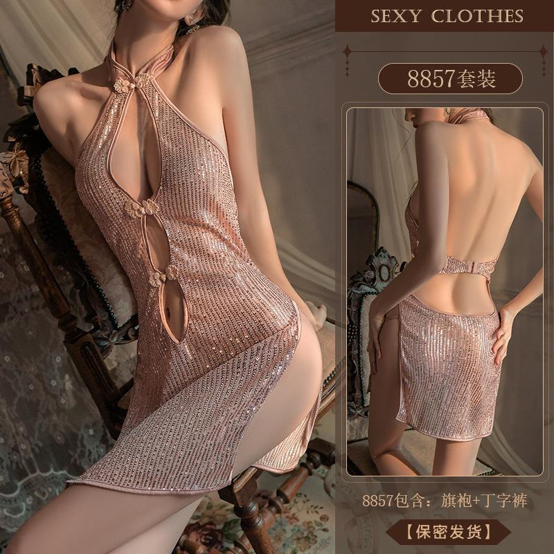 Ερωτικά Εσώρουχα, Σέξι και γυαλιστερό cheongsam, νυχτικό με κοψίματα και σκίσιμο, Καυτό στολίδι νυχτερινού κλαμπ, Ελκυστικό Σετ 8857