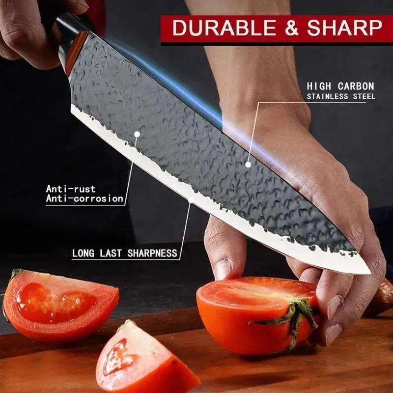 6PCS Stainless Steel Kitchen Knives Set Tools Forged Hammer Pattern Meat Cleaver Stainless Steel Chef Knife Sharp Fruit Paring Knife Gift Case