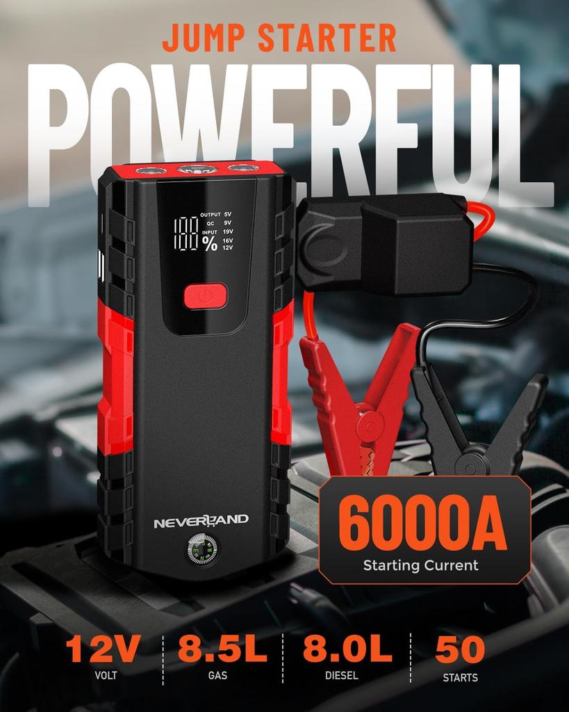 Car Battery Jump Starter 6000A, Portable Power Pack for 8.5L Gas/8L Diesel, 4-Mode LED Light, USB Ports, Compass, Red