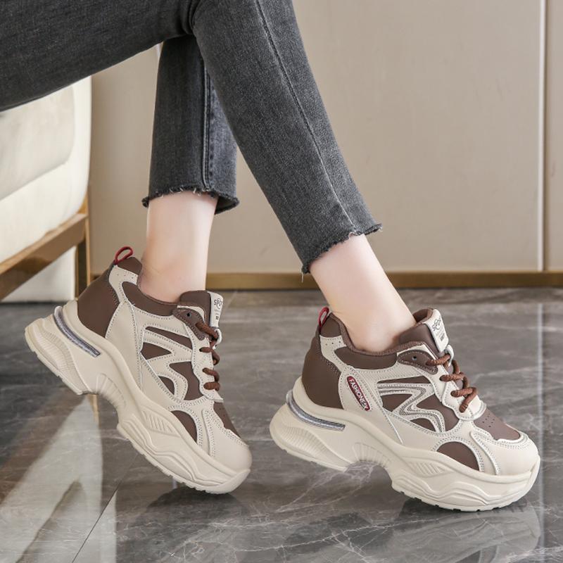 Fashion Fashion Mix Color Chunky Sneakers Women 2025 Spring Pu Leather Lace Up Platform Shoes Woman Thick Bottom Vulcanized Sneakers
