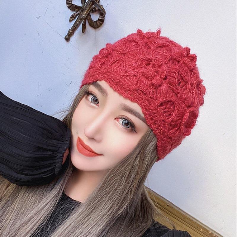 

Осень и зима ретро элегантная ручная вязка крючком двухслойный универсальный берет сумка головной вязаный убор ручной работы трехмерная шляпа с цветком M（56-58cm）