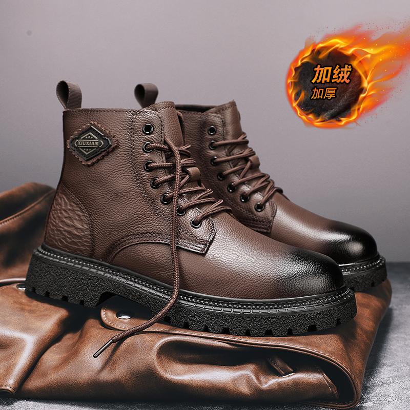 Genuine Leather Men's Boots High Top Style Autumn and Winter Classic Black Brown Outdoor Quality Adult Thick Soled Shoes New
