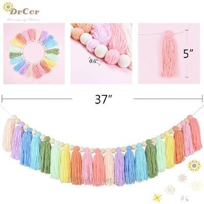 DrCor Pastel Rainbow Boho Tassel Garland – Handmade Colorful Yarn Banner for Nursery, Kids Bedroom, Baby Shower, Birthday Party Backdrop, Dorm,