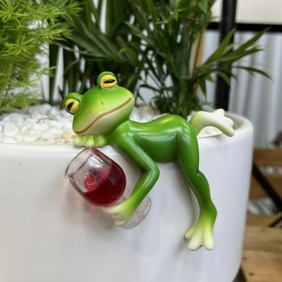 2 stk/sett Drikkende Frosk Figur Liggende Tegneserie Frosk Statue Resin Dyreskulptur Utendørs Hage Blomsterpotte Klemmer Ornament