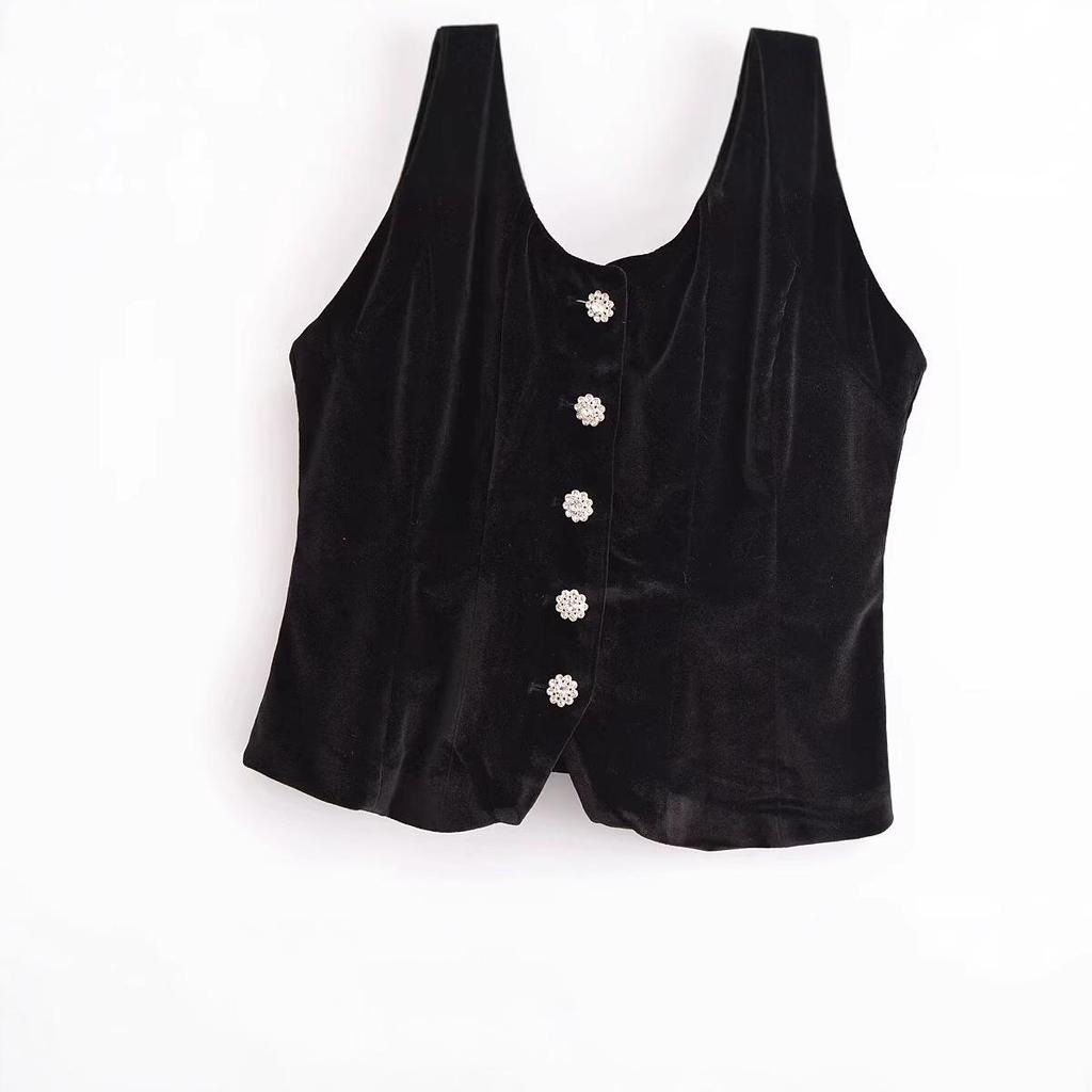 2024 Winter Women's Fashion Velvet Vest with Gem Buttons