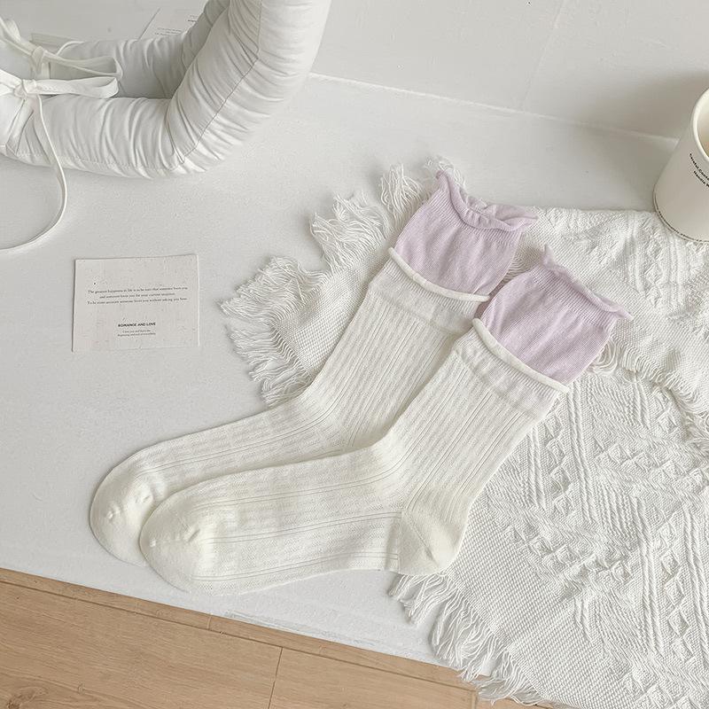 

Women s Summer Thin Simple Variety of Curled Edge Matching Color Double Collar Mesh Breathable Boneless Tube Stack Socks 1 pair білий