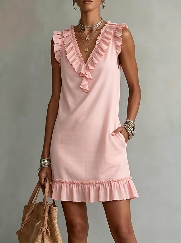 Hot-selling European and American style fungus edge V-neck sleeveless short skirt lotus leaf hem casual dress women's summer