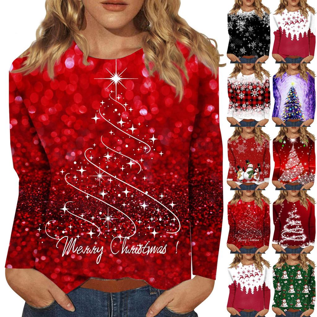 Women's Fashion Casual Long Sleeve Christmas Print Round Neck Pullover Top Blouse