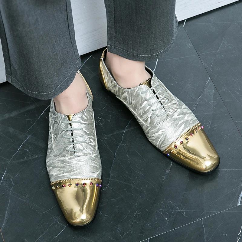 Britské luxusní pánské zlaté stříbrné kožené boty kožené business party svatební mokasíny Chelsea hustě špičaté boty38-47