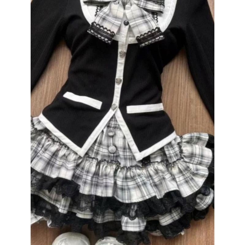 Autumn Winter Bow Lapel 2-piece Set Women Design Vintage Long Sleeve Slim Patchwork Tops + Thin High Waist Ruffle Skirt Suit New