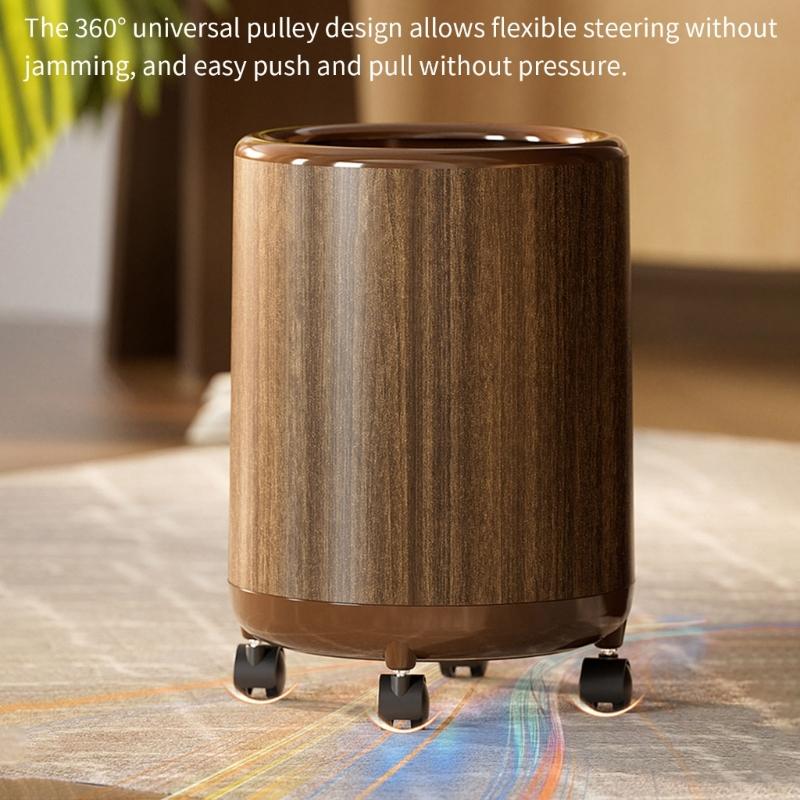 Waterproof Decorative Trash Bin Wooden Grains Pattern Design 12L Large Capacity Rolling Garbage Container For Indoor Use