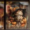 Retro-style Autumn Cat Window Sticker with Warm Elements. Self-adhesive and Seamless Sticker.