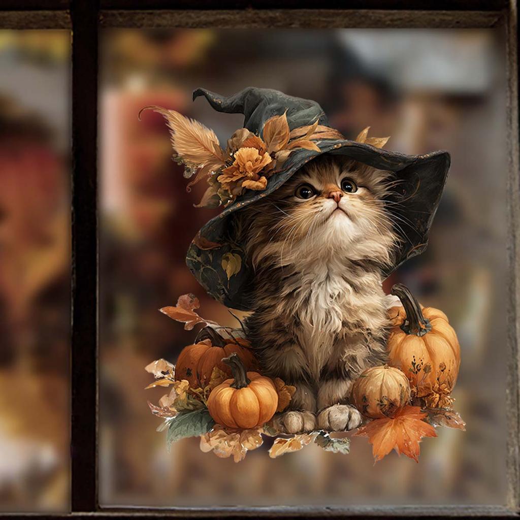 Retro-style Autumn Cat Window Sticker with Warm Elements. Self-adhesive and Seamless Sticker.