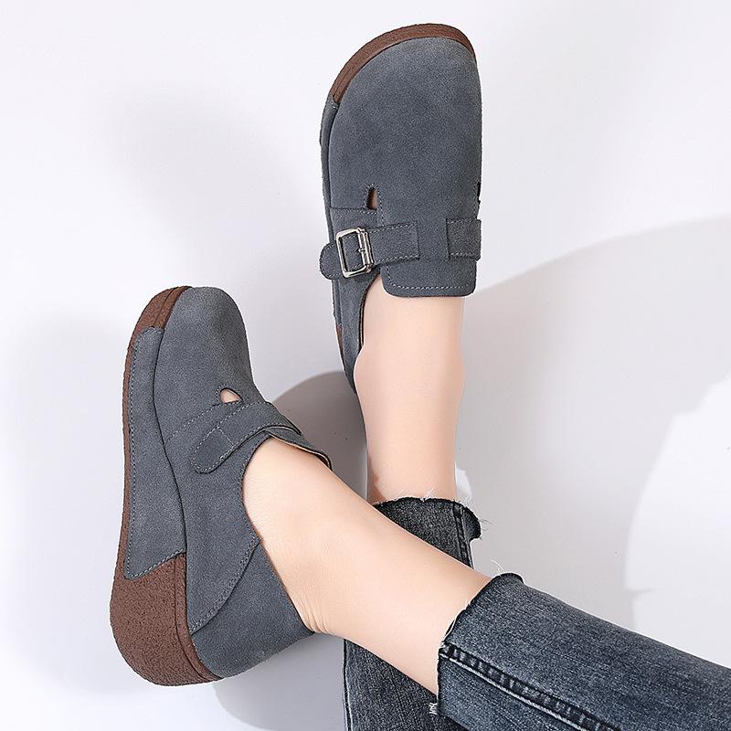 One-pedal retro metal buckle wedge heel women's shoes soft-soled thick-soled frosted leather lazy shoes